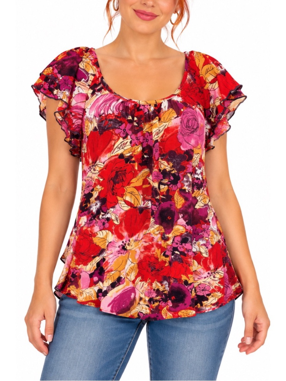 Vanity Pink & Red Floral Print short sleeve top size Large